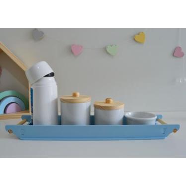 Imagem de Kit Higiene Porcelana Bebê K160 Bandeja Azul Rosa Safari Branco Cinza 