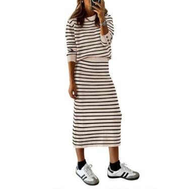 Imagem de Conjunto de Suéter e Saia Midi Feminina PRETTYGARDEN - Listrado e Dama