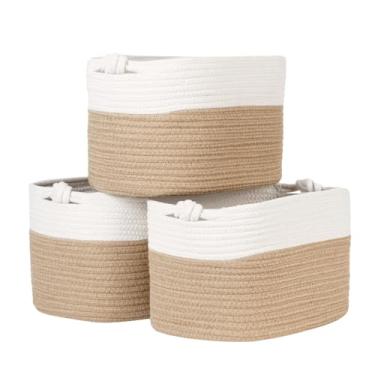 Imagem de Temary Cestas organizadoras retangulares de tecido, cesta de corda de algodão com alças, branco e barbante