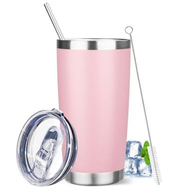 Imagem de YEBTS Life Copo de 590 ml com tampas e canudos, caneca de café de viagem com isolamento de aço inoxidável, copos isolados a vácuo de parede dupla, copo de café revestido em pó para bebidas frias e