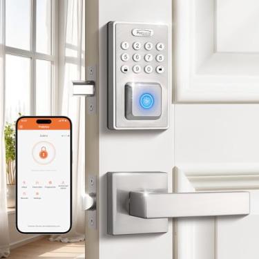 Imagem de Probrico Fechadura inteligente de porta de entrada sem chave para porta da frente, fechadura de porta de teclado com alça de impressão digital com conjunto de alças, fechadura inteligente de níquel