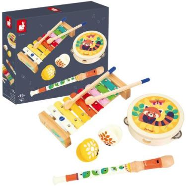 Imagem de Kit Instrumentos Infantis Madeira Xilofone Flauta Pandeiro e Castanhol