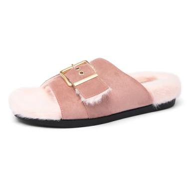 Imagem de NEWBELLA Pantufas femininas planas peludas – Deslizadores fofos com fivela ajustável para casa e ao ar livre, sandálias aconchegantes de bico aberto para outono e inverno, rosa, 37