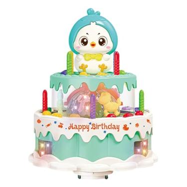 Imagem de Brinquedo Musical de Bolo de Aniversário com Luzes LED, Pinguin Decorativo, Verde Água e Branco, com Velas e Efeitos Luminosos