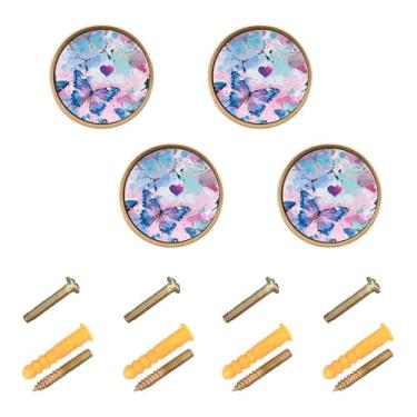 Imagem de xigua Pacote com 4 maçanetas de armário coloridas borboletas redondas, 32 mm (1-1/4 pol.) (32 mm) puxador de gaveta puxadores de gaveta para móveis de armário, acabamento acrílico
