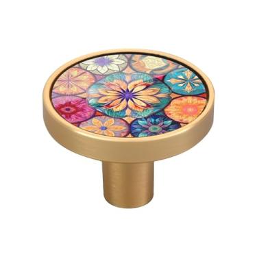 Imagem de Blueangle Pacote com 4 puxadores de armário de azulejos têxteis orientais coloridos 3 cm puxadores redondos de gaveta para cômoda e armários de cozinha (435)