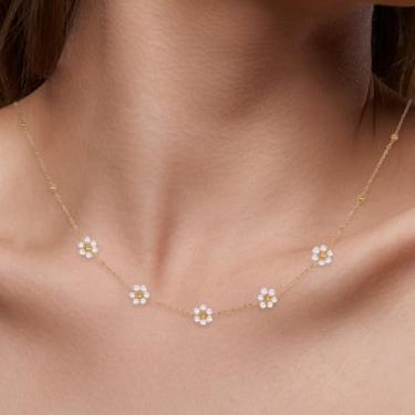 Imagem de Colar de pérolas margaridas para mulheres – Colar floral delicado de aço inoxidável banhado a ouro 14K, presente de aniversário ou dama de honra, acessório de joia delicada de pérola, 6, Bronze, Sem