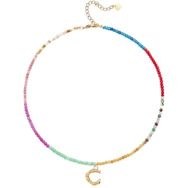 Imagem de MEVOME Colar feminino com contas com inicial de pedras, semipreciosas, boho, pedra semipreciosa, banhado a ouro 18 K, arco-íris, colorido, moderno, alfabeto, gargantilha delicada, joia feminina para