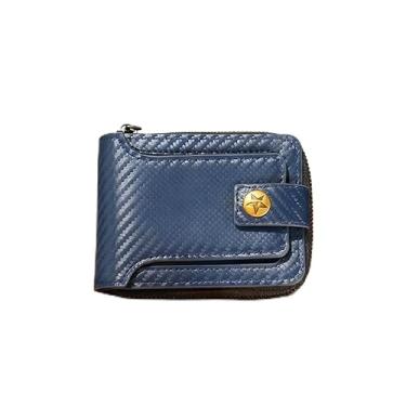 Imagem de Carteira masculina de fibra de carbono com zíper dobrável, design de mini fivela portátil com 10 compartimentos para cartão, janelas para identidade e poliuretano à prova d'água, Azul, Contemporâneo