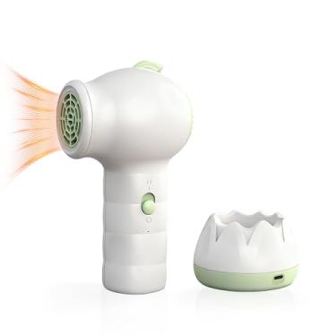 Imagem de NUFR Secador de cabelo sem fio para crianças, portátil, de baixo calor, fluxo de ar suave, portátil, fofo, mini secador de cabelo com base de carregamento para cabelo e pele delicada, recarregável por