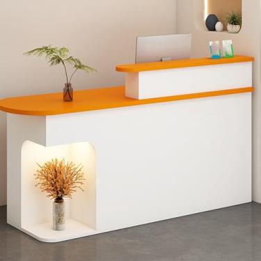 Imagem de Mesa de recepção moderna com luz LED e gaveta com trava, mesa de balcão frontal aberta para escritório ou loja (laranja, 110 cm)