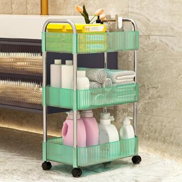 Imagem de Carrinho de rodinhas de acrílico verde com rodas e alça bloqueáveis - Carrinho de armazenamento transparente de 3 camadas para cozinha e banheiro, organizador móvel