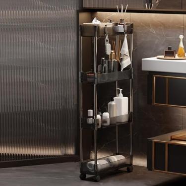 Imagem de Carrinho de rodinhas fino de 4 camadas com rodas bloqueáveis, carrinho de armazenamento móvel de acrílico cinza, organizador de banheiro e unidade de prateleira, 40 cm P x 13 cm L x 89 cm A, solução