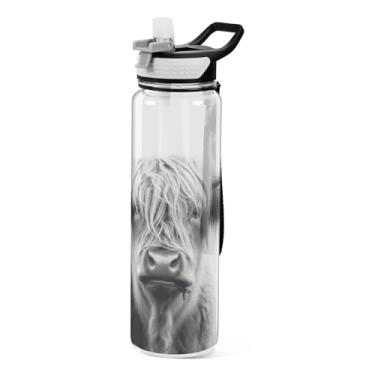 Imagem de Burbuja Garrafa de água Highland Cow de 940 ml com tampa de palha, à prova de vazamento e livre de BPA para academia, esportes ao ar livre