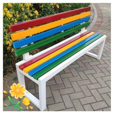 Imagem de Banco de metal externo para jardim, banco de madeira de pátio com encosto ergonômico, assentos de jantar de pátio com móveis de ripas para parque, piquenique, quintal, decoração externa de quintal