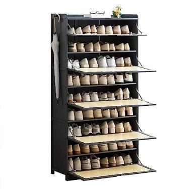 Imagem de Armário de sapatos de vime natural com 3 gavetas, armário de armazenamento moderno com gancho, porta respirável, organizador de sapatos independente para corredor, entrada, sala de estar (tamanho