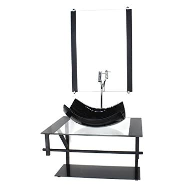 Imagem de GABINETE DE VIDRO PARA BANHEIRO 60CM AP CUBA RETANGULAR CURVADA PRETO COM TORNEIRA CROMADA