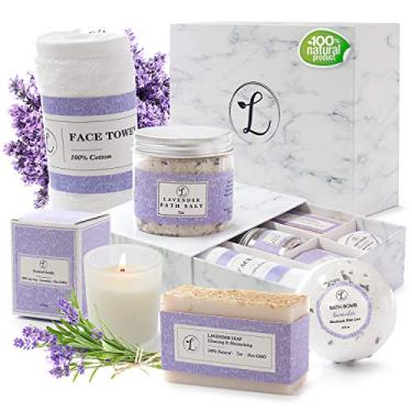 Imagem de Conjunto de presente de spa 100% lavanda natural, caixa de presente inclui: bomba de banho, sal de banho, sabonete de mão, vela perfumada, pano de rosto e caixa de presente.