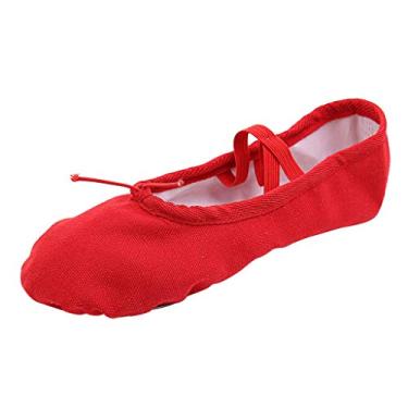 Imagem de Sapatilhas de balé para meninas com faixa elástica de dança, sapatilha de ginástica de lona, sola dividida, sapatos infantis para meninas, Vermelho, 4-4.5 anos