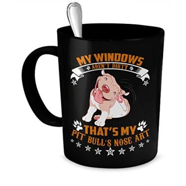 Imagem de Caneca engraçada para cachorro - My Windows aren't dirty - That's my Pit Bull's Nose Art (preta)
