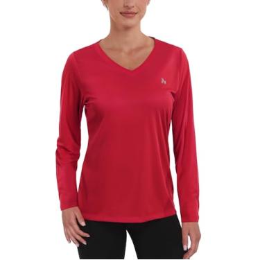 Imagem de Nepest Camisetas femininas FPS 50+ para sol dry fit atlético, corrida, manga comprida, gola V, Vermelho, PP