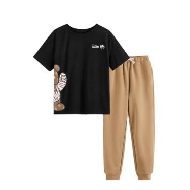 Imagem de OYOANGLE Conjunto de 2 peças para meninos, conjunto de roupas, camiseta e calça de moletom com estampa gráfica de manga curta, Preto e cáqui, 9Y