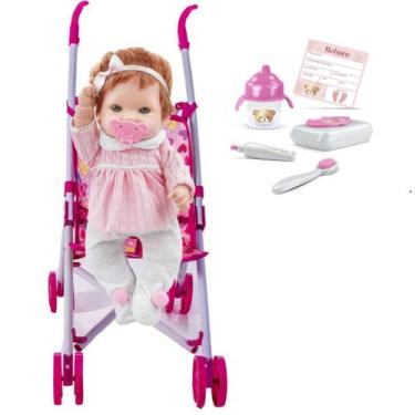 Imagem de Boneca Bebê Reborn Cuidado Dia C/ Escova e Carrinho Passeio - Roma