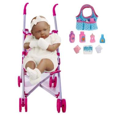Imagem de Bebê Real Boneca Negra Corpo Vinil 42cm E Bolsinha +Carrinho - Roma