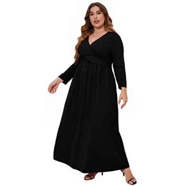 Imagem de KOJOOIN Vestido plus size Boho feminino plus size vestidos casuais com gola V vestido maxi com cinto rodado vestidos longos boho, Preto, XGG