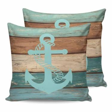Imagem de YOKOU Capas de almofada impermeáveis para ambientes externos, âncora de grão de madeira náutica, capas de almofada decorativas para sofá de varanda e pátio, pacote com 2 quadrados, 45,7 x 45,7 cm