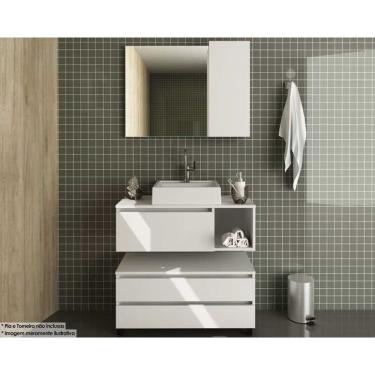 Imagem de Conjunto de Banheiro Balcão Suspenso BN3601 + Balcão c/ Rodizios BN3603 s/ Cuba 80cm e Armário c/ Espelho BN3602 cor Branco - Tecno Mobili