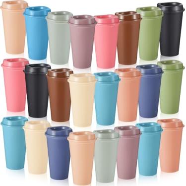 Imagem de FillTouch 24 peças de xícaras de café reutilizáveis com tampas 473 ml Copos quentes de viagem Copos de plástico para micro-ondas canecas de café para bebidas quentes e frias (cores Morandi)