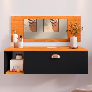 Imagem de Penteadeira Suspensa Camarim Make Up Joy com 1 Gaveta e com Puxador Concha com Espelho (PRETO/CINAMOMO)