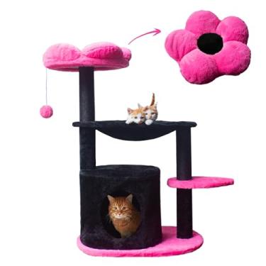 Imagem de Árvore para gatos, 85 cm, flor preta e rosa, torre para gatos internos, arranhadores, rede confortável para gatinhos, adultos, gatos, condomínio, Halloween, gótico