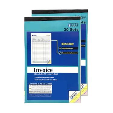 Imagem de Livro de notas sem carbono, formulários de encaixe em 3 partes – 60 conjuntos (2 livros, 30 conjuntos cada) – branco/rosa/amarelo, tinta azul, 14 x 21 cm – pedido, quantidade, preço, total