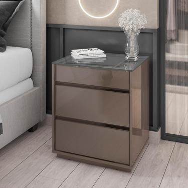 Imagem de Mesa De Cabeceira Quarto Belize 3 Gavetas E Tampo De Vidro Cinza Perola