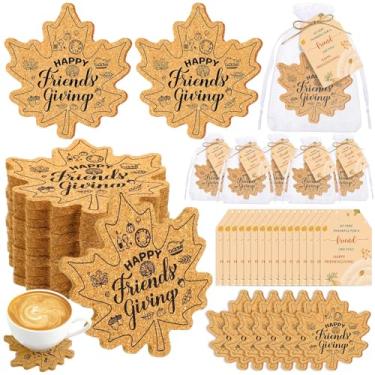 Imagem de Hushee 12 conjuntos de lembrancinhas de festa de Ação de Graças Feliz Amigo Porta-copos de cortiça de folha de bordo porta-copos absorventes com cartões de agradecimento e bolsa de organza suprimentos