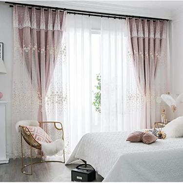 Imagem de Cortina blackout de camada dupla combinando com voile bordado em camadas sólido lápis plissado painel de cortina, para sala de estar, quarto de menina, sobreposição de tule, sombreamento térmico 1