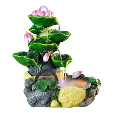 Imagem de Fonte de mesa fonte de mesa resina lótus folha de lótus camada pilha cascata fonte decorativa com atomizador fonte de água aquário sala de estar decoração de escritório presentes fonte de mesa (