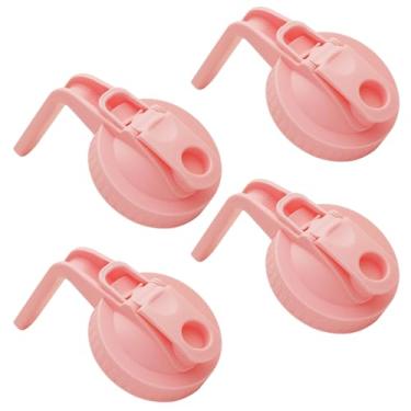 Imagem de 4 peças de frasco de vidro de boca larga com tampa de bico hermético com alça, transforma seu pote de vidro em jarra, tampas flip duráveis sem BPA, fácil de limpar, ajuste para potes de conserva (rosa