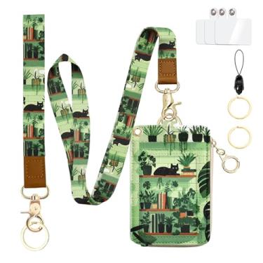 Imagem de bolimoss Carteira de cordão de gato preto com suporte de crachá de identificação, prateleira de livros de plantas RFID carteira feminina chaveiro de pulso, pequeno porta-cartão de crédito com bolso