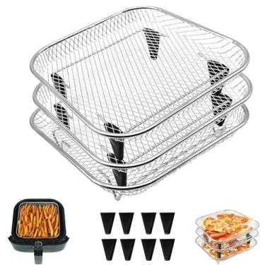 Imagem de GWBSXM Rack empilhável de fritadeira a ar, pacote com 3, desidratador e espeto quadrado de 20 cm, adequado para fritadeiras de forno e ar (diâmetro interno ≥ 21 cm), aço inoxidável seguro para