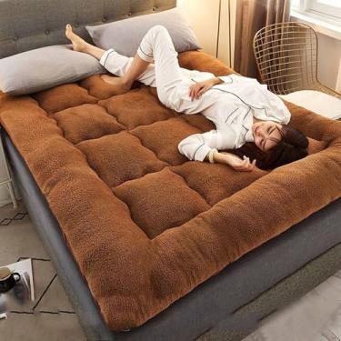 Imagem de Yadlan Colchão de futon japonês, tapete fofo extra grosso, tapetes de tatame super macios e respiráveis, sofá-cama dobrável portátil, almofada multiuso, marrom tamanho casal 135 x 200 cm