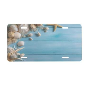 Imagem de Placa de licença de estrela do mar de madeira de praia para placas dianteiras de carro alumínio metal adequado para caminhão placa de porta de carro bar café acessórios automotivos para homens