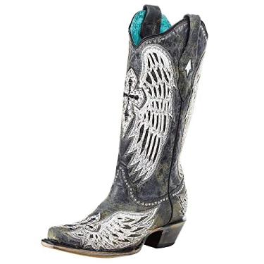 Imagem de Corral Boots Botas femininas pretas feitas à mão | Botas caubói altas com cruz branca e sobreposição de asas e design de tachas, Preto, 38