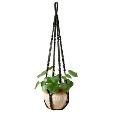 Imagem de 1 conjunto de cabides de macramê preto de 89 cm para plantas de interior, cesta de plantas para pendurar Boho com contas de madeira, suporte decorativo para vasos de flores (vasos não incluídos)