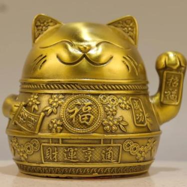 Imagem de FENNYYAR Estátua de bronze, enfeite de gato atraído pela riqueza, 13 cm, decoração de mesa para escritório, casa, quarto, mesa