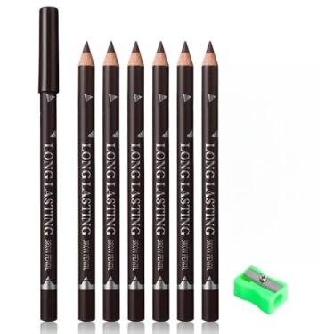 Imagem de Lápis de sobrancelha preto para mulheres com apontador, 6 peças lápis delineador de sobrancelha de madeira dura para maquiagem iniciante, à prova d'água e à prova de suor