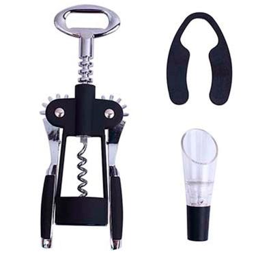 Imagem de Conjunto para Vinho 3 Peças com saca-rolha Corta Lacre e Aerador em Inox Design Clássico para Festas Preto Dynasty