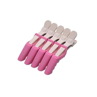 Imagem de Kit com 5 Clipes Profissional Rosa Antiderrapante Resistente a Alta Temperatura Presilhas Grampos Crododilo Jacaré de Cabelo para Pentedo e Corte com Dentes Largos e Design de Dobradiça Dupla